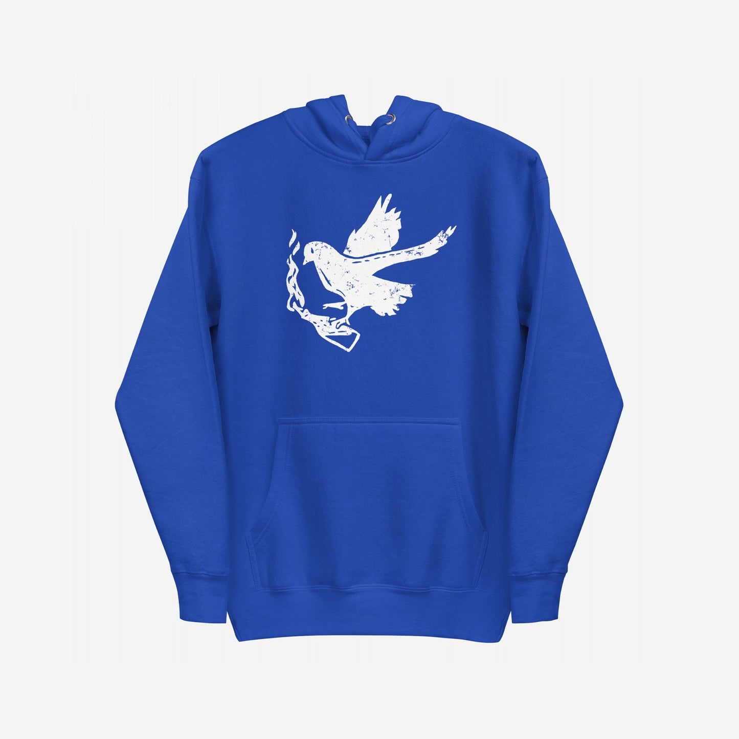 Molotov Messenger Hoodie: A royal-blue pullover featuring a distressed white graphic of a dove clutching a flaming Molotov cocktail, symbolizing powerful protest and subversion. Perfect for making a bold statement.