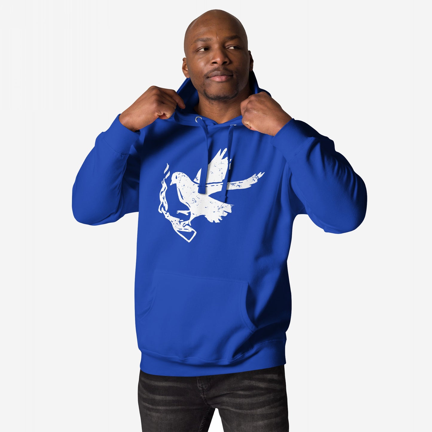 Molotov Messenger Hoodie featuring a hand-drawn dove with a flaming Molotov cocktail, symbolizing peace turned into power. Modeled by a man gripping the collar. Perfect for those embracing bold activism.