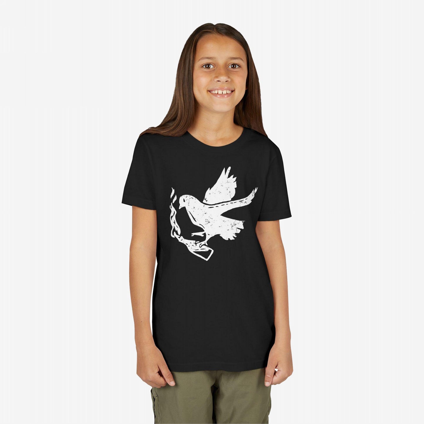 Young girl wearing the Molotov Messenger Shirt with a bold white dove design, symbolizing defiant peace. Perfect for activists, this shirt embodies rebellion and activism, supporting causes like Razom For Ukraine.