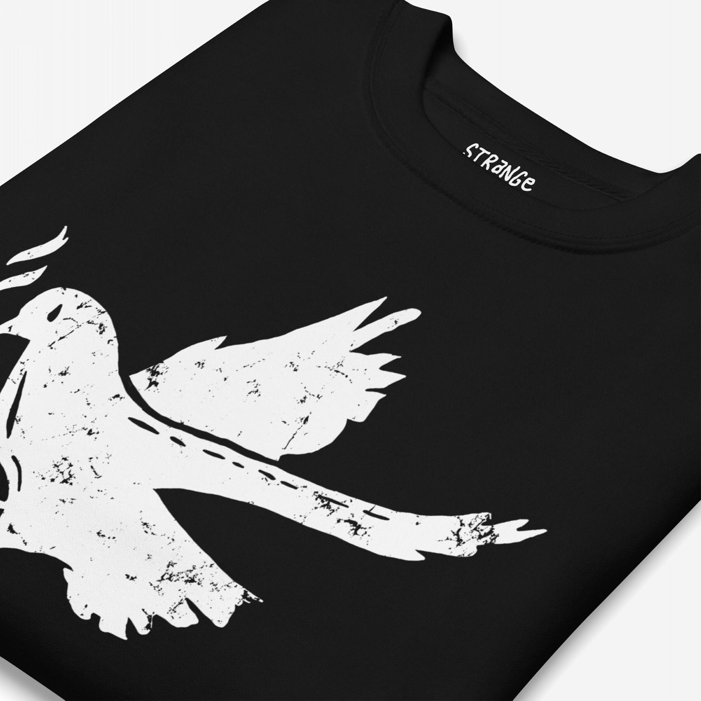Molotov Messenger Hoodie & Sweatshirt close-up shows a distressed white graphic of a hand-drawn dove with a Molotov cocktail, embodying subversive symbolism. The neck label reads “STRANGE.”