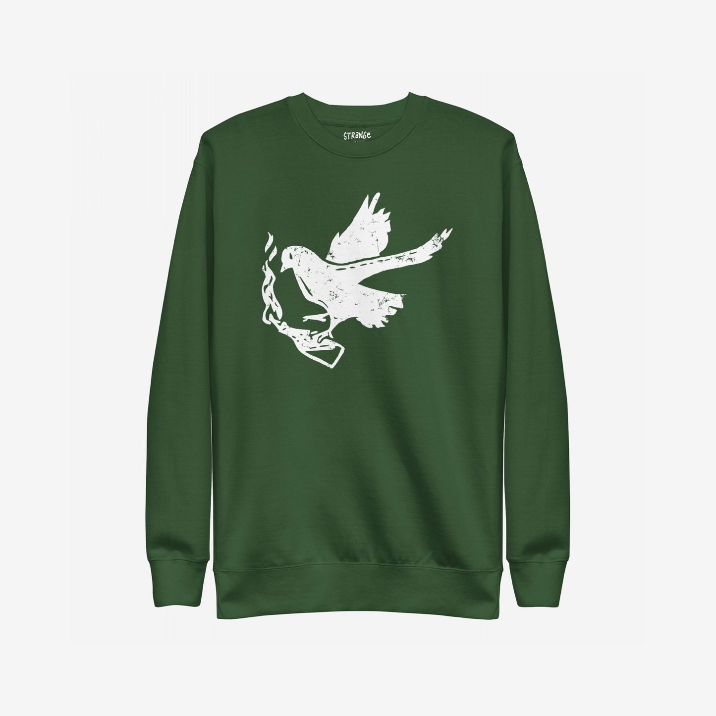 Molotov Messenger Crewneck: Forest-green sweatshirt with a white, hand-drawn graphic of a dove holding a flaming Molotov cocktail, symbolizing power and subversion. Ideal for making a bold statement.