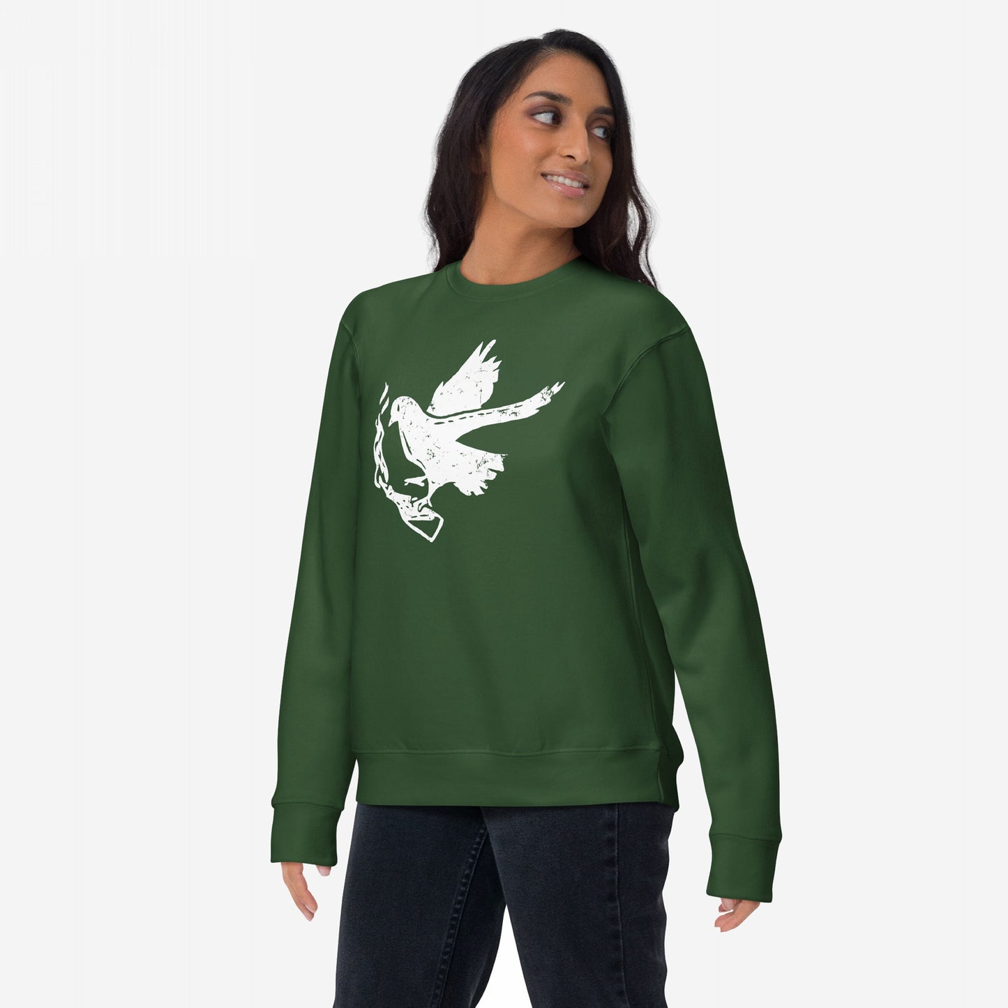 Molotov Messenger Hoodie & Sweatshirt features a distressed dove clutching rifle pieces, symbolizing peace through protest. Model wears it with dark jeans, embodying bold, rebellious spirit against a plain backdrop.
