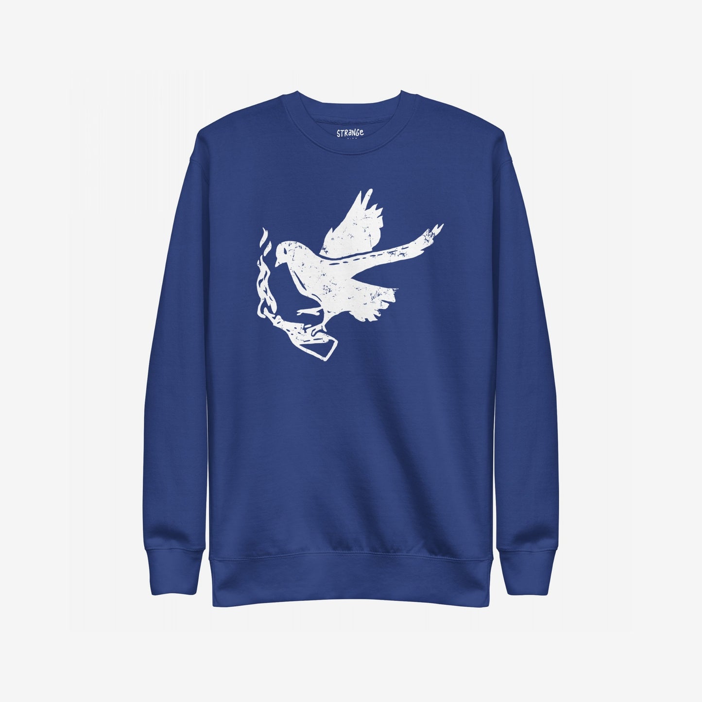 Molotov Messenger Sweatshirt: A cobalt-blue crewneck featuring a distressed white dove clutching a flaming Molotov cocktail, symbolizing the blend of peace and protest. Ideal for making a bold statement.