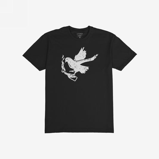 Molotov Messenger T-shirt features a black tee with a distressed white graphic of a dove holding a Molotov cocktail in flight, symbolizing peace through action and resistance.