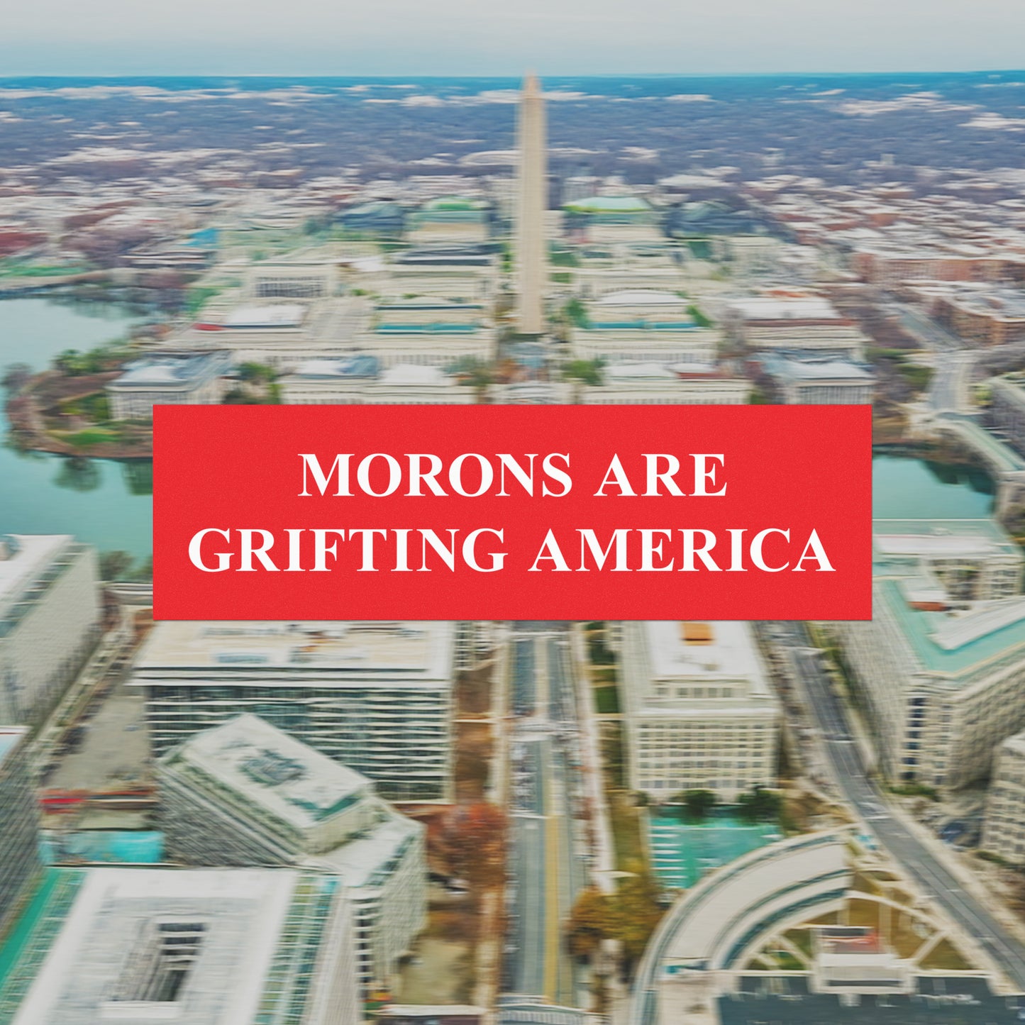 Morons Are Grifting America sticker on city backdrop featuring Washington Monument
