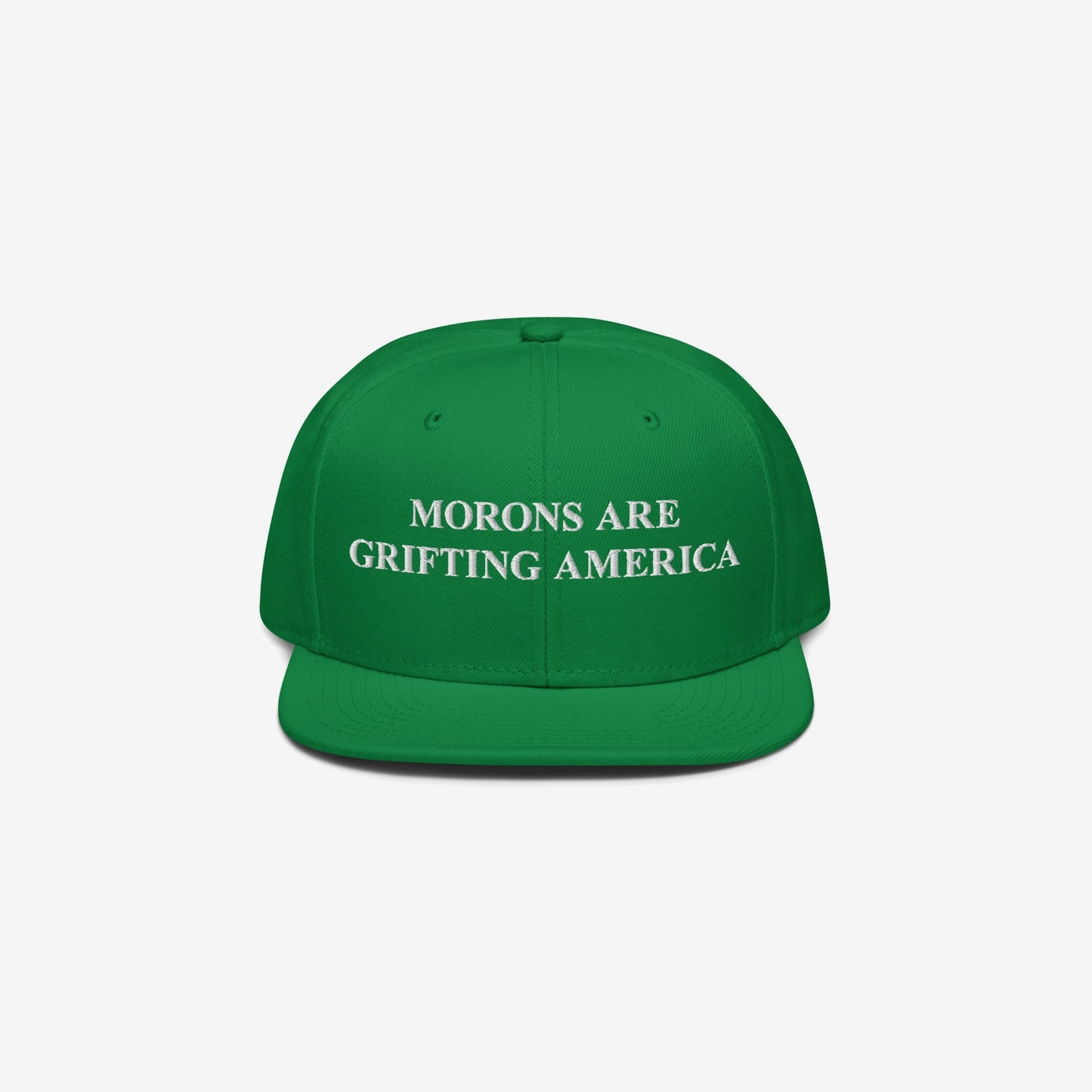 The Morons Are Grifting America Hat features bold white embroidery on a flat-bill snapback, offering a candid political statement for those seeking truth and equality.