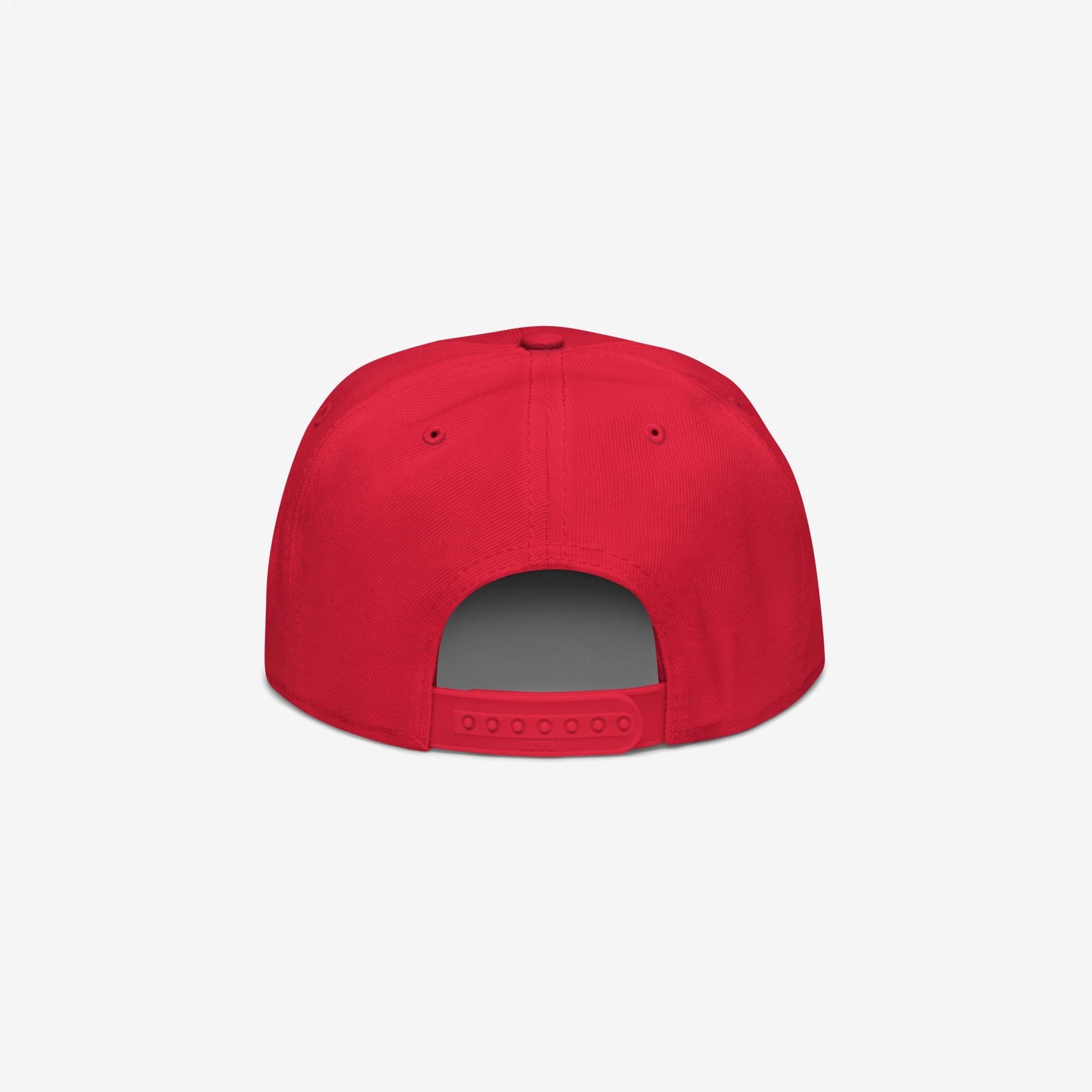 Rear view of red snapback hat showing adjustable snap closure and crown shape, part of a structured anti-MAGA hat featuring "Morons Are Grifting America."