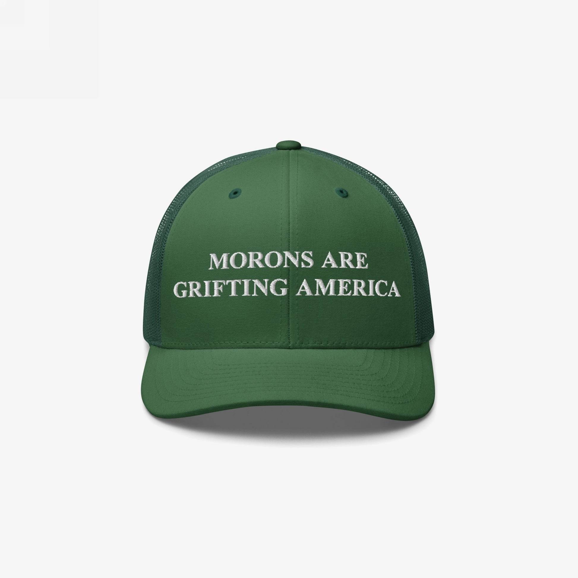 Retro green trucker hat featuring embroidered anti-MAGA message: "Morons Are Grifting America"