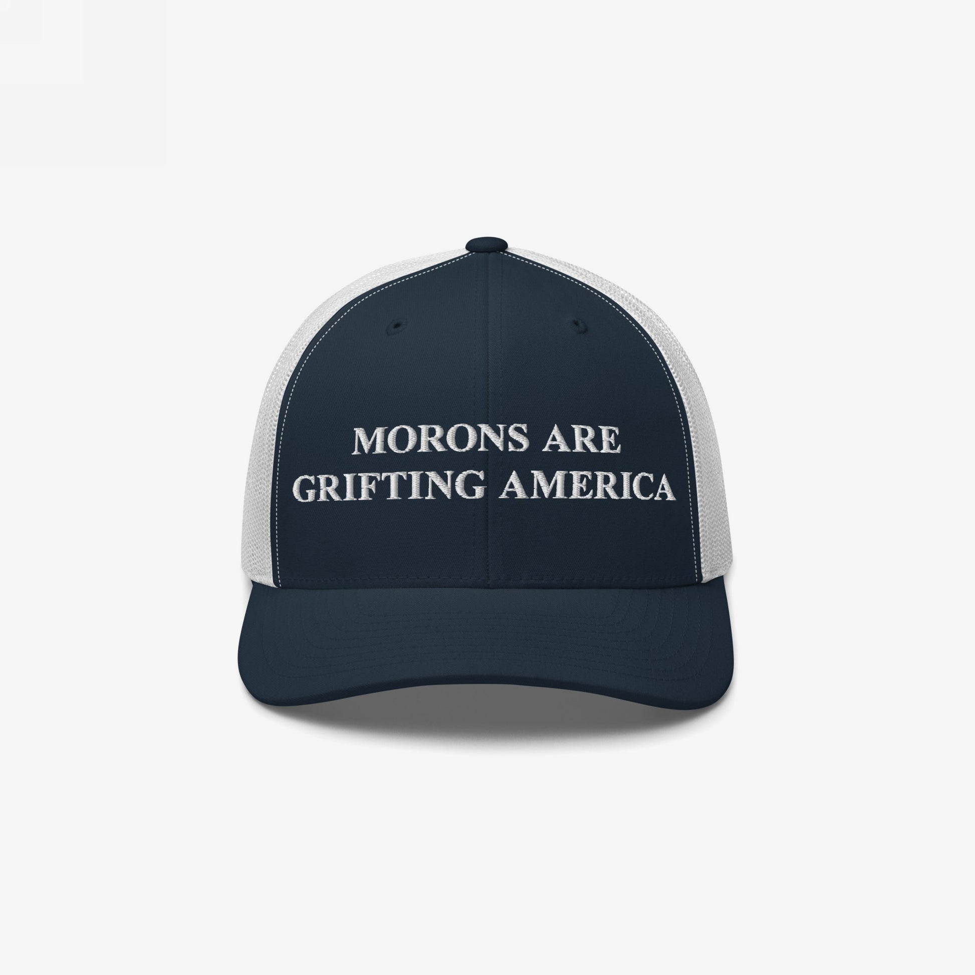 Classic navy blue and white retro trucker hat with anti-MAGA slogan: "Morons Are Grifting America"