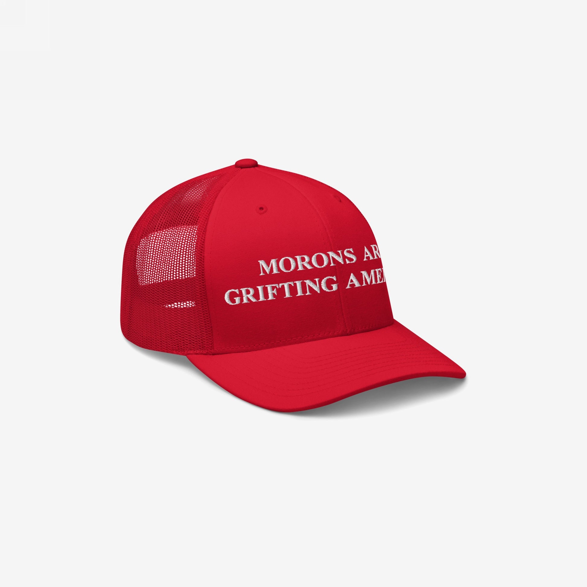 Red mesh-back trucker hat in retro style with embroidered anti-MAGA slogan: "Morons Are Grifting America"