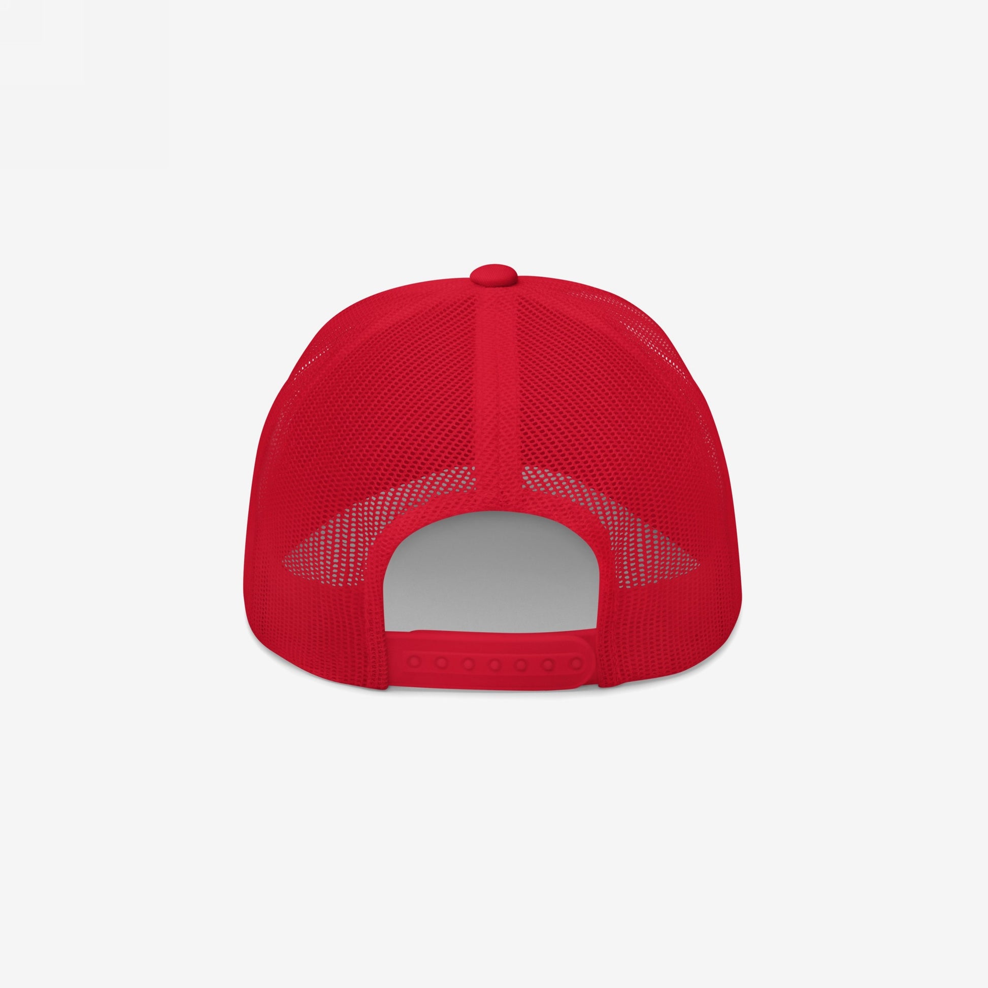 Adjustable red mesh-back trucker hat in vintage style with snap closure, part of anti-MAGA "Morons Are Grifting America" collection