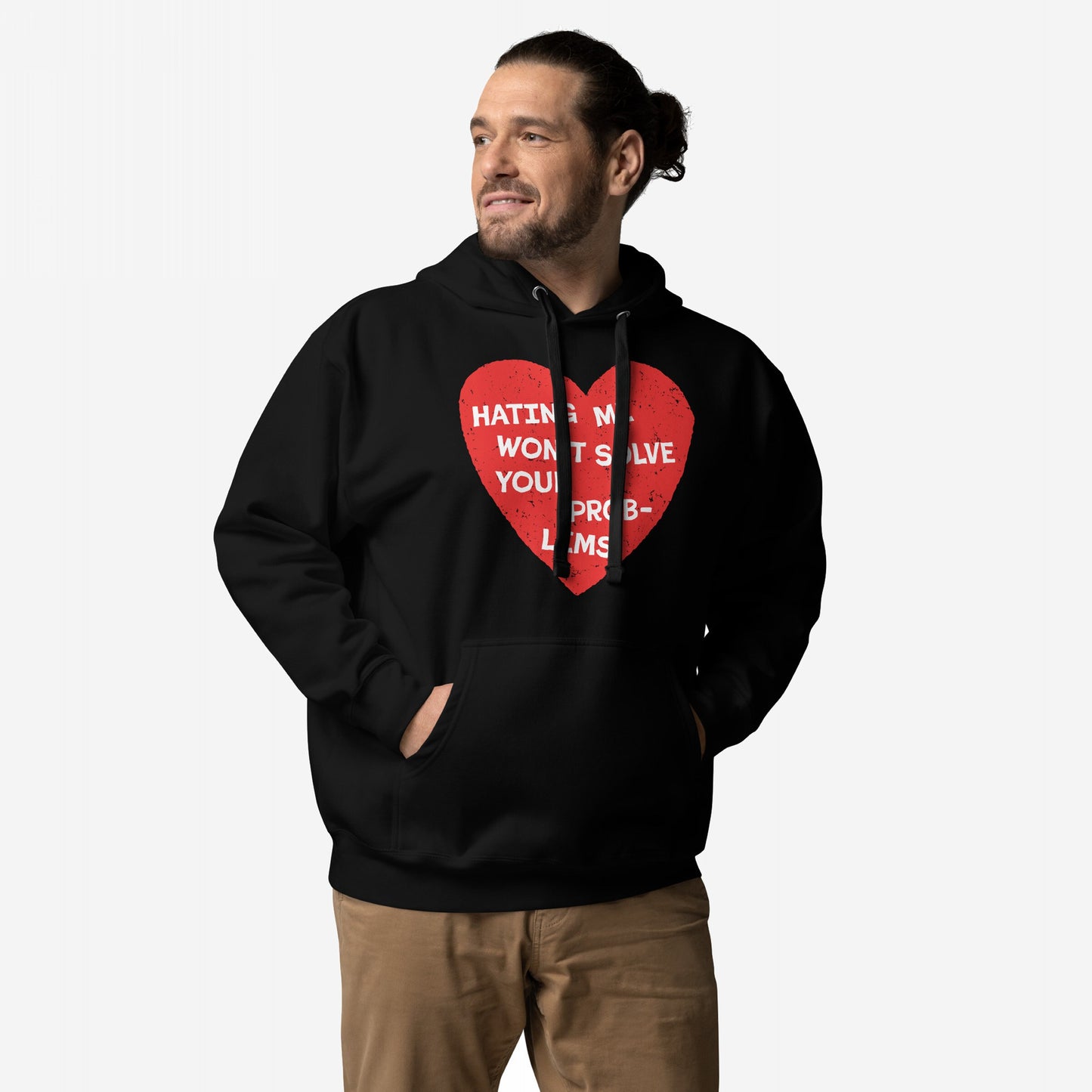 The No Hate Hoodie & Sweatshirt features a bold red heart with the message “Hating Me Won’t Solve Your Problems,” promoting equality and resistance with style.