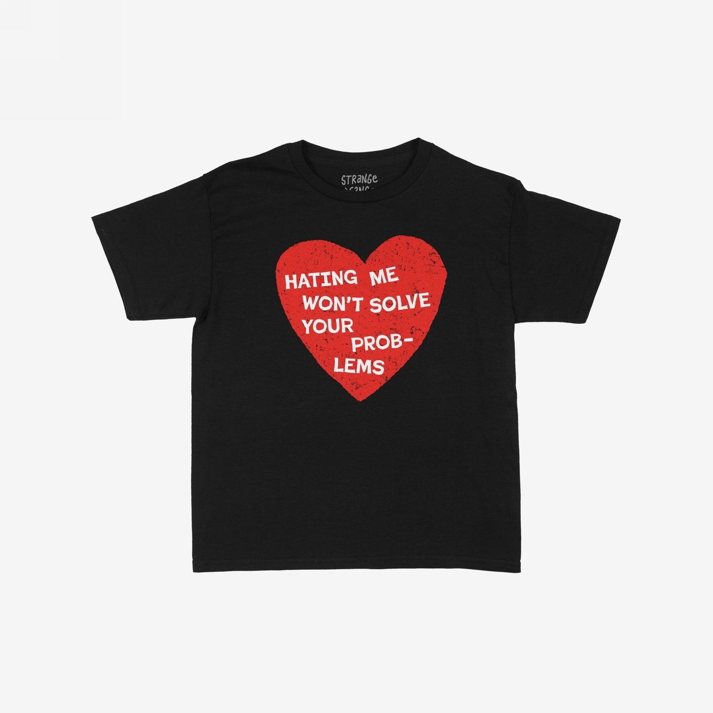 No Hate T-shirt featuring a distressed red heart with bold white text: “HATING ME WON’T SOLVE YOUR PROB-LEMS.” It embodies allyship and activism, celebrating LGBTQ+ pride and immigrant rights.