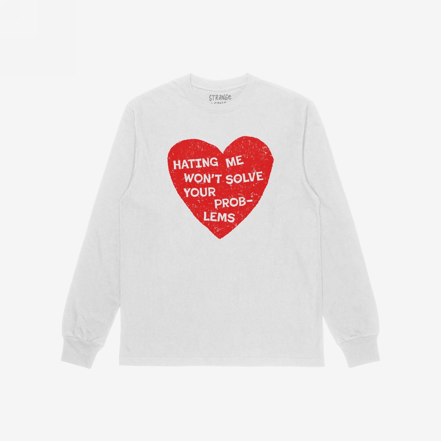 No Hate T-shirt featuring a bold red heart and the slogan “HATING ME WON’T SOLVE YOUR PROBLEMS,” promoting pride and activism. Perfect for those who stand against hate.