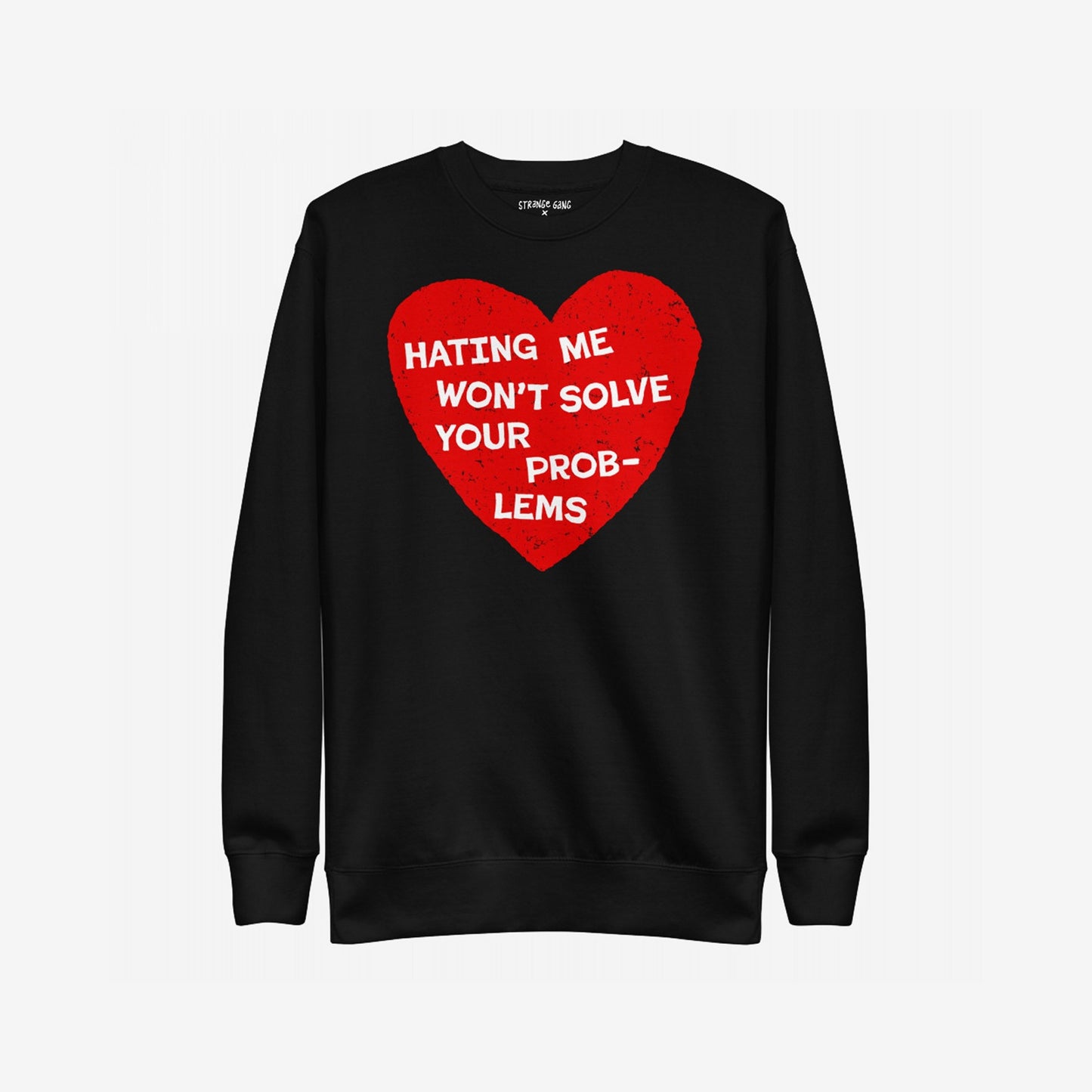 No Hate Hoodie & Sweatshirt featuring a distressed red heart with the slogan HATING ME WON’T SOLVE YOUR PROB-LEMS in white, symbolizing support for LGBTQ rights and immigrant dignity.