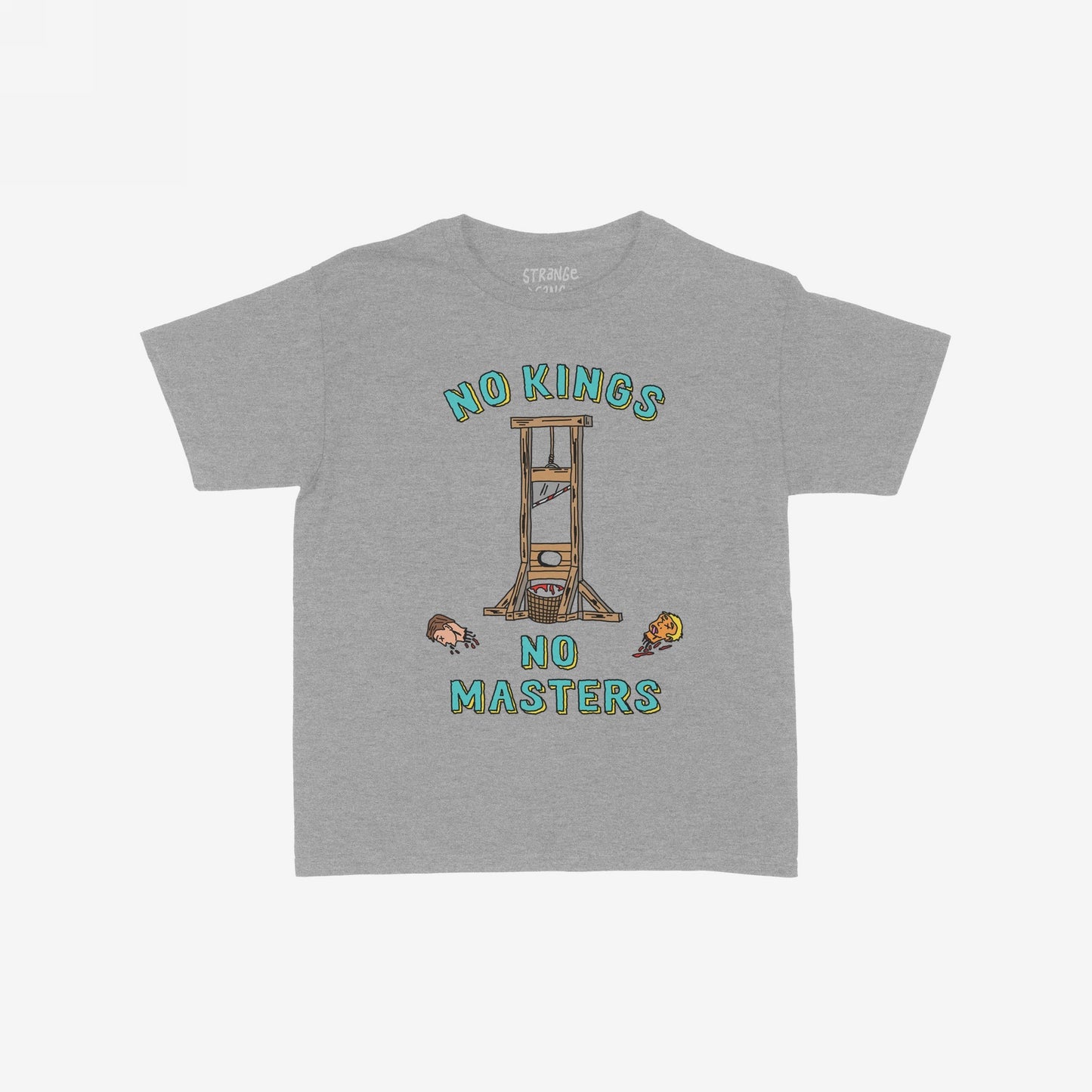 No Kings No Masters Women's Baby Tee features a cartoon guillotine with NO KINGS and NO MASTERS text, highlighting a rebellious anti-authoritarian theme with a gritty, hand-drawn design.