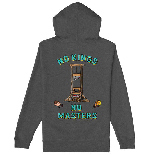 No Kings No Masters Hoodie & Sweatshirt featuring a bold back print of a guillotine with severed heads, advocating against authoritarianism and power worship with NO KINGS, NO MASTERS message.