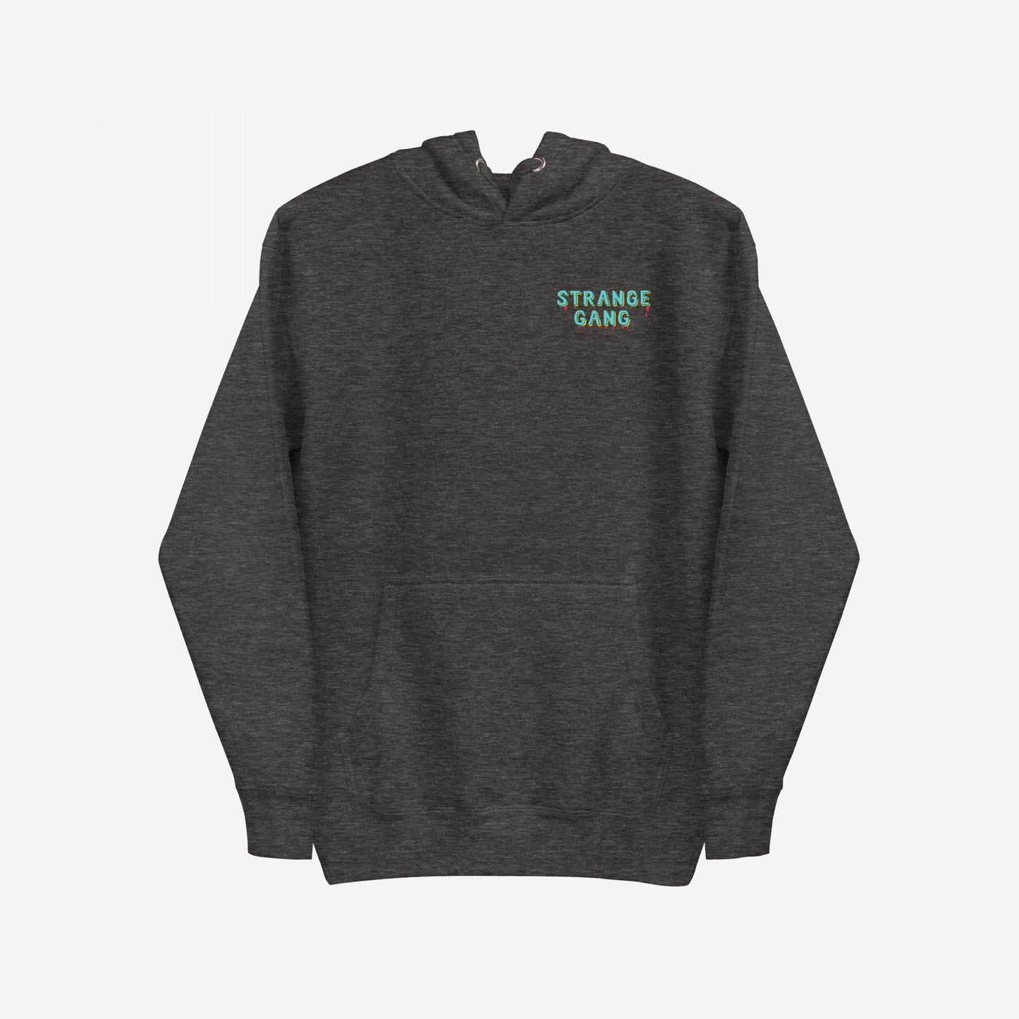 Dark charcoal-gray No Kings No Masters Hoodie featuring a small front graphic, STRANGE GANG. With a kangaroo pocket and bold back print, it embodies rebellion against power and supports equality.