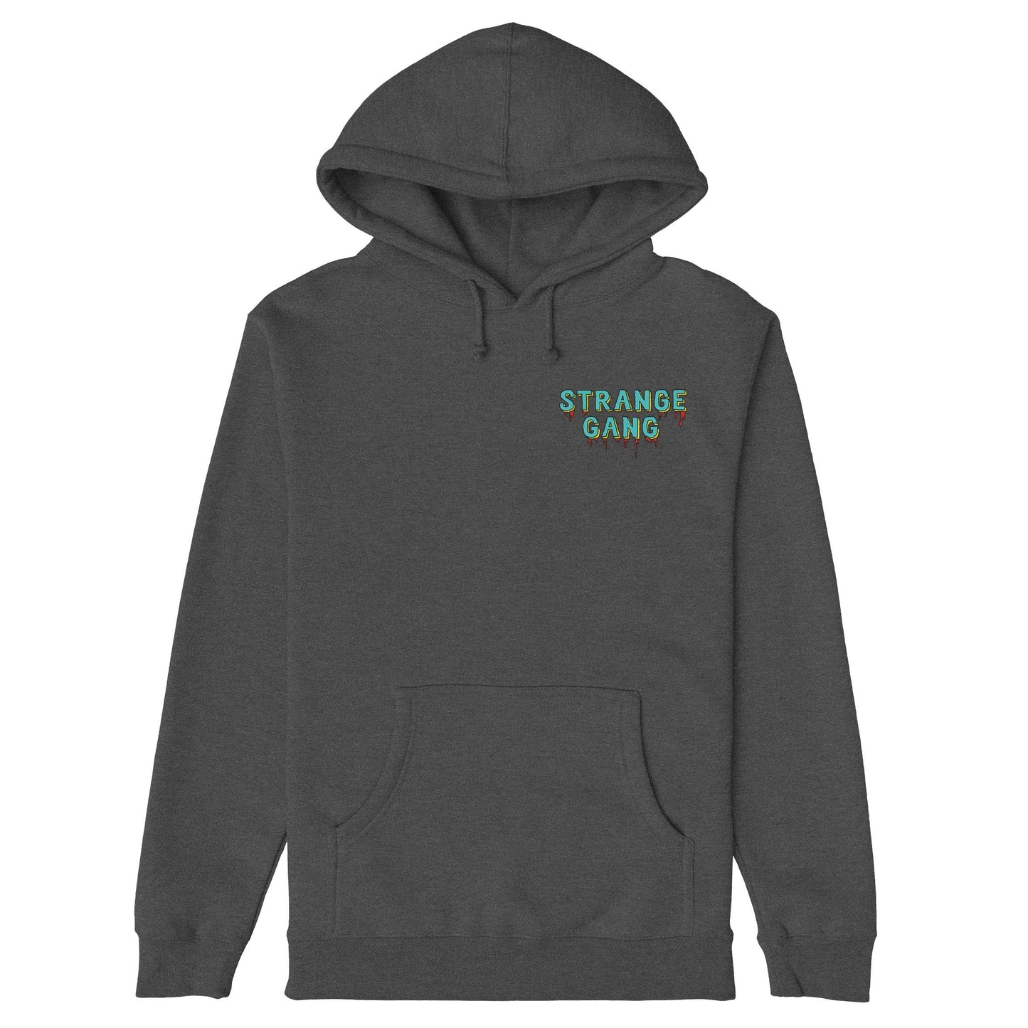 Dark charcoal-gray No Kings No Masters Hoodie featuring a small front graphic, STRANGE GANG. With a kangaroo pocket and bold back print, it embodies rebellion against power and supports equality.