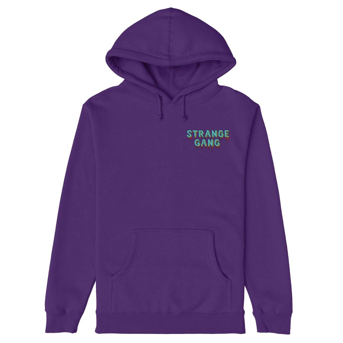 No Kings No Masters Hoodie: Purple pullover with a turquoise logo on the chest, featuring a dripping effect symbolizing rebellion against authoritarianism. Ideal for those opposing power worship.