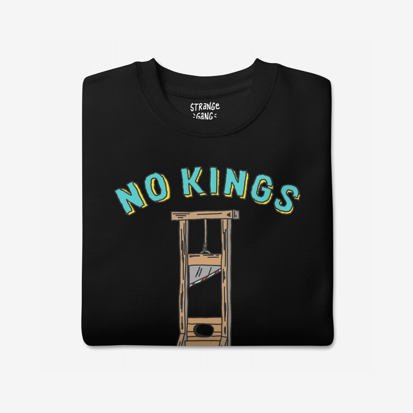 No Kings No Masters Hoodie & Sweatshirt featuring NO KINGS text and a guillotine illustration on the chest, symbolizing defiance against authoritarianism. Ideal for those rejecting power worship.