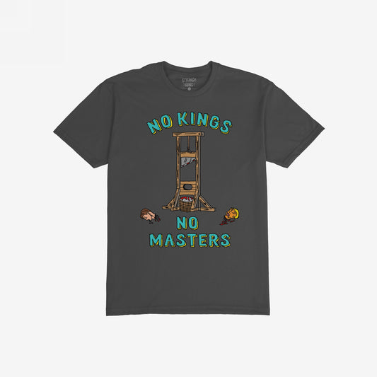 No Kings No Masters Shirt featuring a cartoon guillotine with severed heads, bold lettering, and a subversive message, embodying anti-authoritarian defiance and rebellion.
