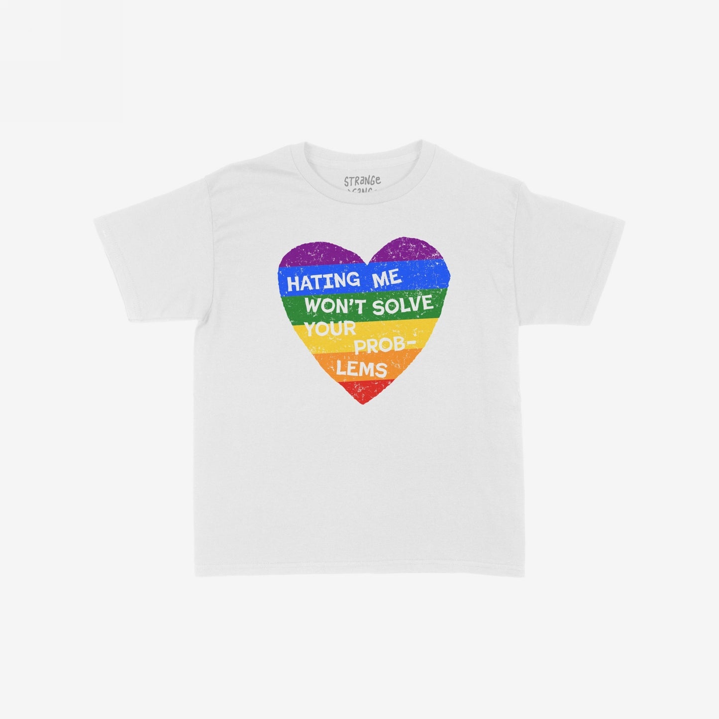 No LGBTQ Hate T-shirt features a distressed rainbow heart with the slogan “HATING ME WON’T SOLVE YOUR PROBLEMS,” symbolizing pride and resistance, ideal for allies and truth-tellers. Available in various styles.