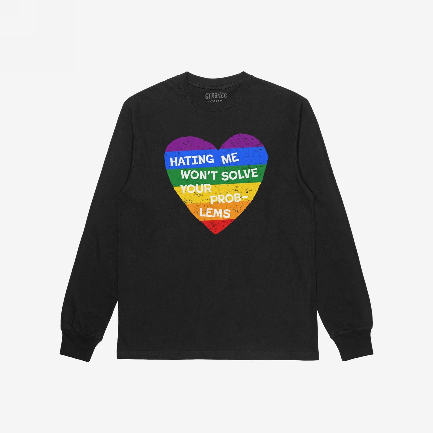 No LGBTQ Hate T-shirt featuring a bold rainbow-striped heart with the slogan “HATING ME WON’T SOLVE YOUR PROBLEMS” across the chest, embodying pride and resistance, designed in collaboration with EGOPROOF.