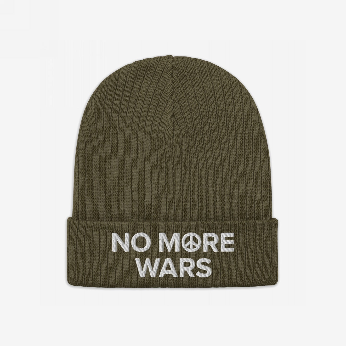 Olive-green ribbed knit beanie with NO MORE WARS embroidered in white across the cuff, featuring a peace symbol. A powerful statement piece promoting peace and resistance against war profiteering.