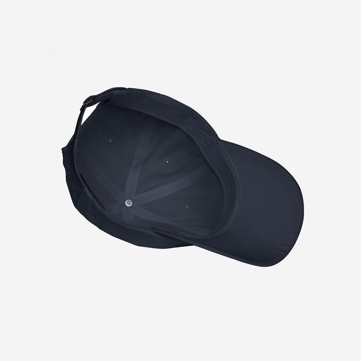 No More Wars Hat: A dark-navy baseball cap viewed upside-down, showcasing its six-panel interior and adjustable strap. The design embodies anti-war sentiment, ideal for protests or casual wear, promoting peace and activism.