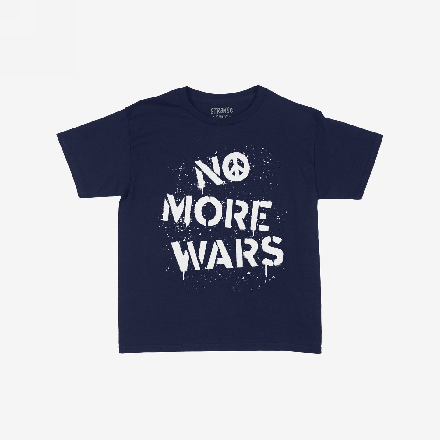 No More Wars T-shirt featuring a white stencil-style print with NO MORE WARS and a peace symbol. The bold design visually protests against violence, aligning with an ethos of global peace and equality.
