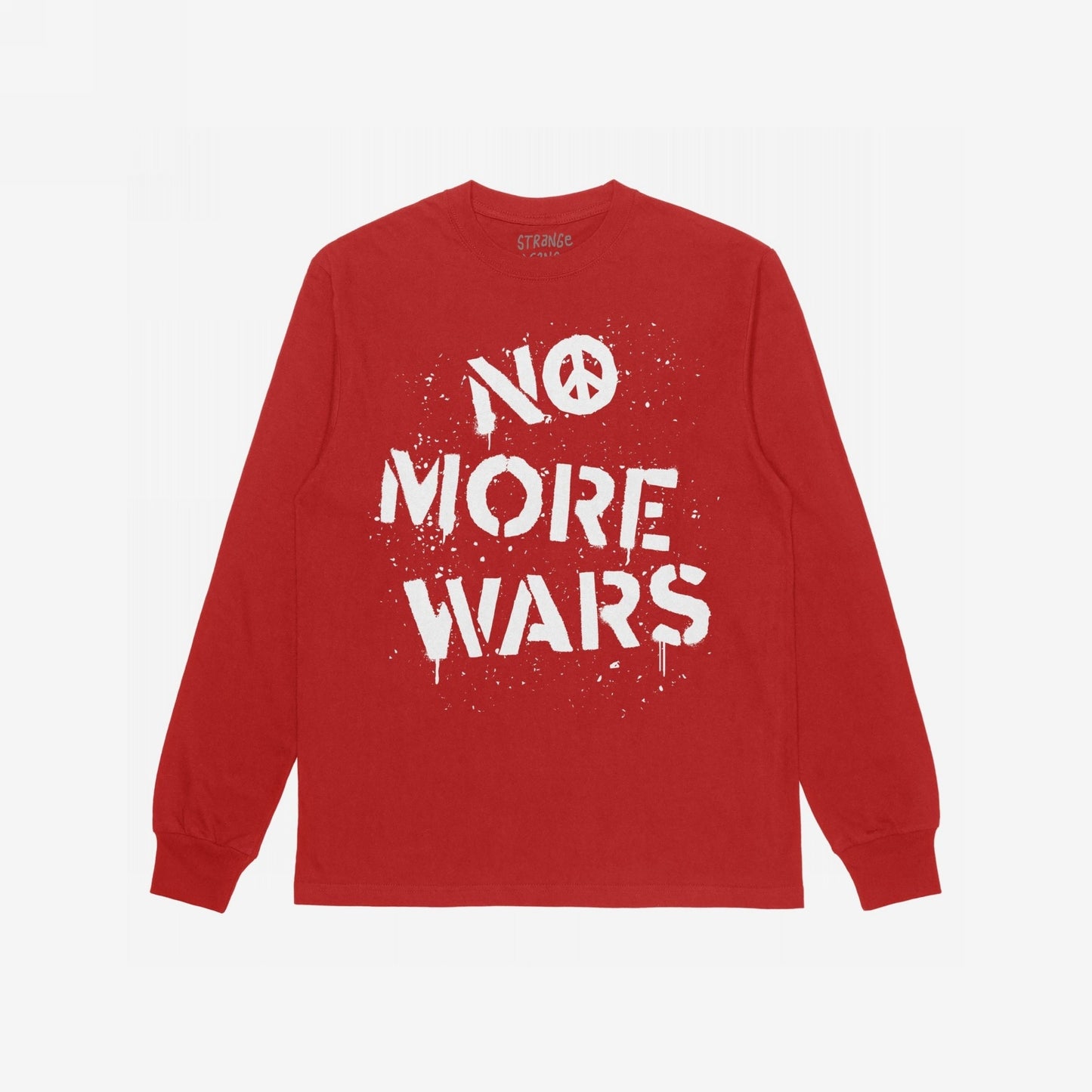 No More Wars T-shirt features bold white stencil-style lettering with a peace symbol on a red long-sleeve, advocating for an end to violence and promoting global peace.