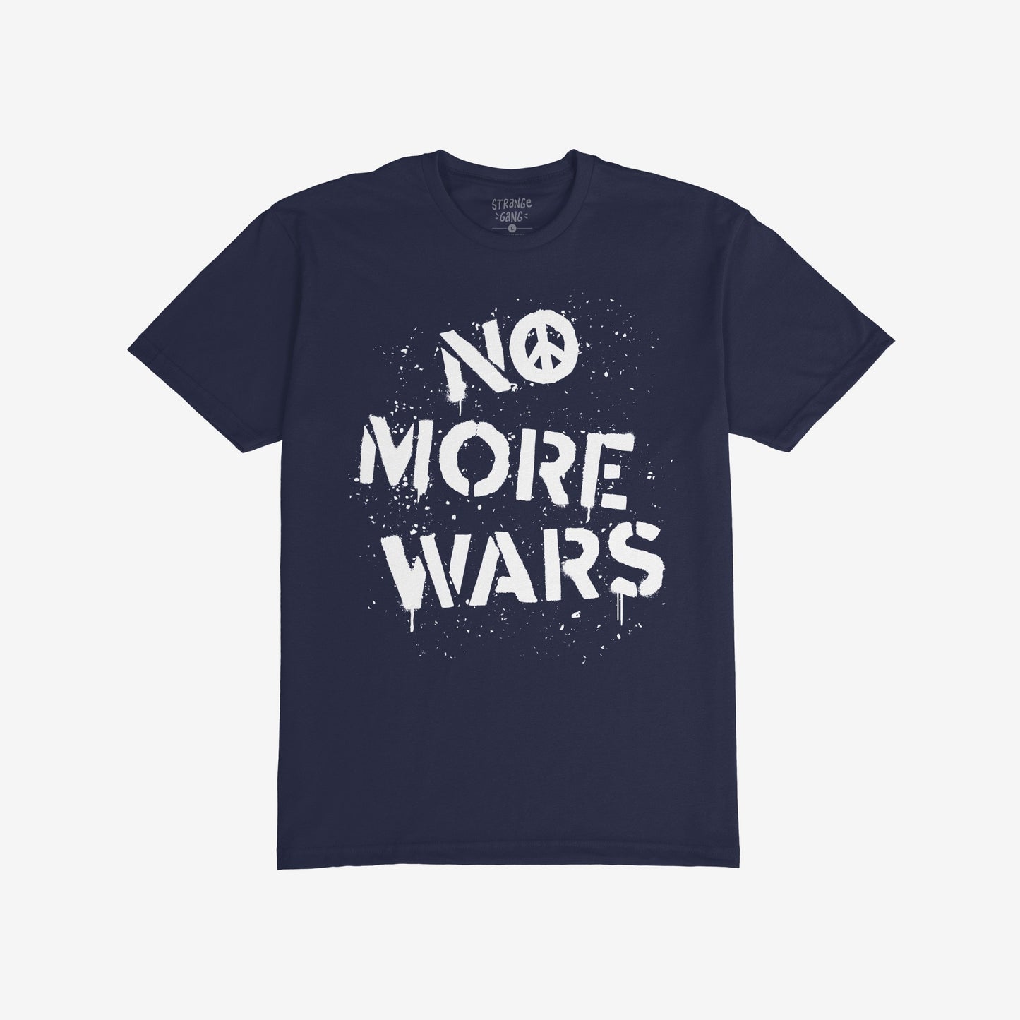 No More Wars T-shirt with bold stencil-style graphic, featuring a peace symbol in place of O and paint-splatter effect, promoting peace and protesting global violence. Available in various sizes and styles.