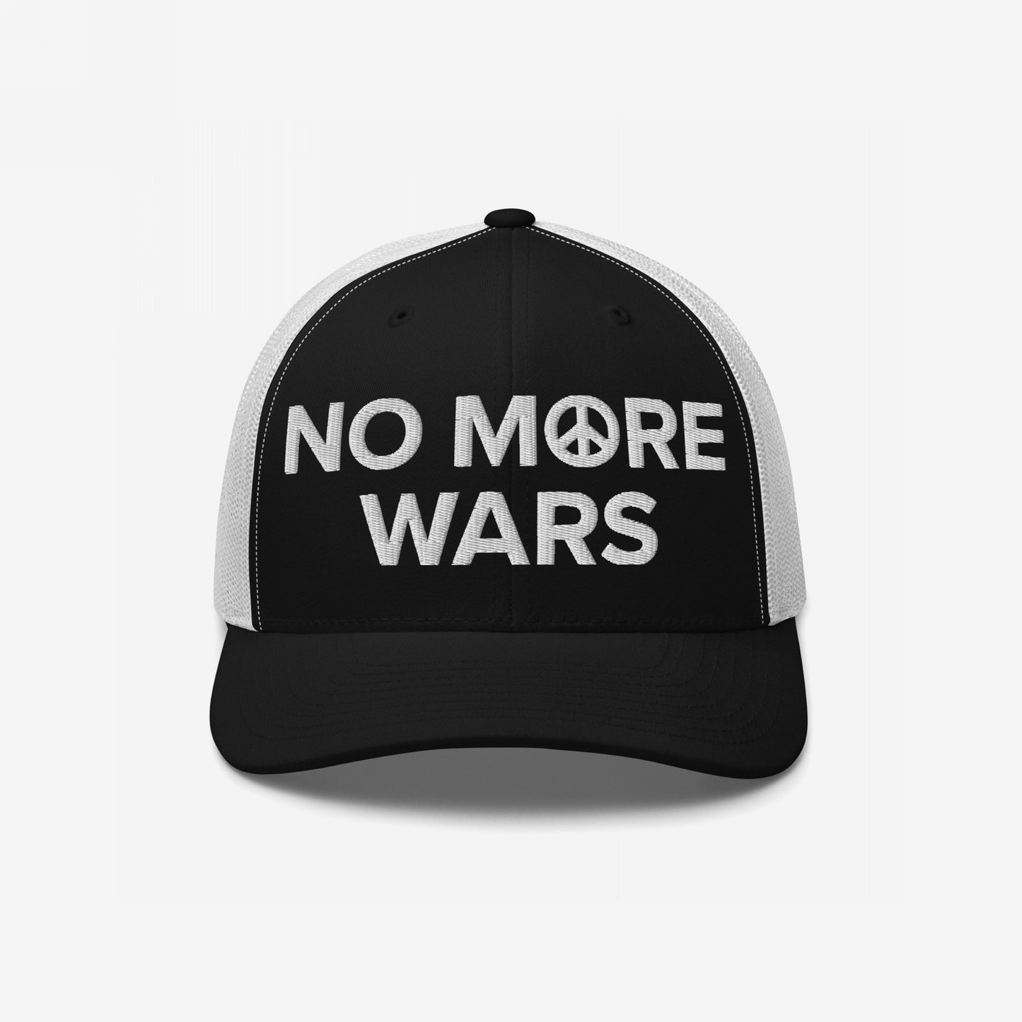 No More Wars Hat: Black-and-white trucker cap featuring a peace-symbol embroidered slogan, ideal for making a bold anti-war statement, supporting causes like Gaza and Ukraine.