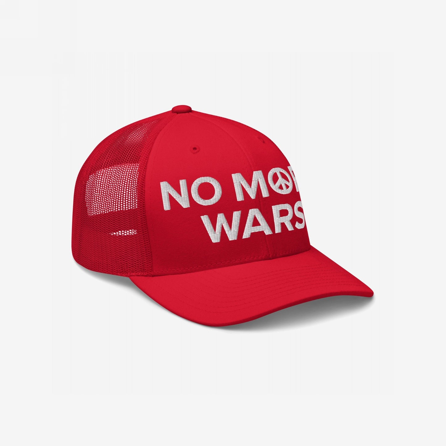 No More Wars Hat: Red mesh-back trucker cap with NO MORE WARS embroidered in bold white letters, featuring a peace symbol as the O. Ideal for protests, promoting anti-war and equality messages.