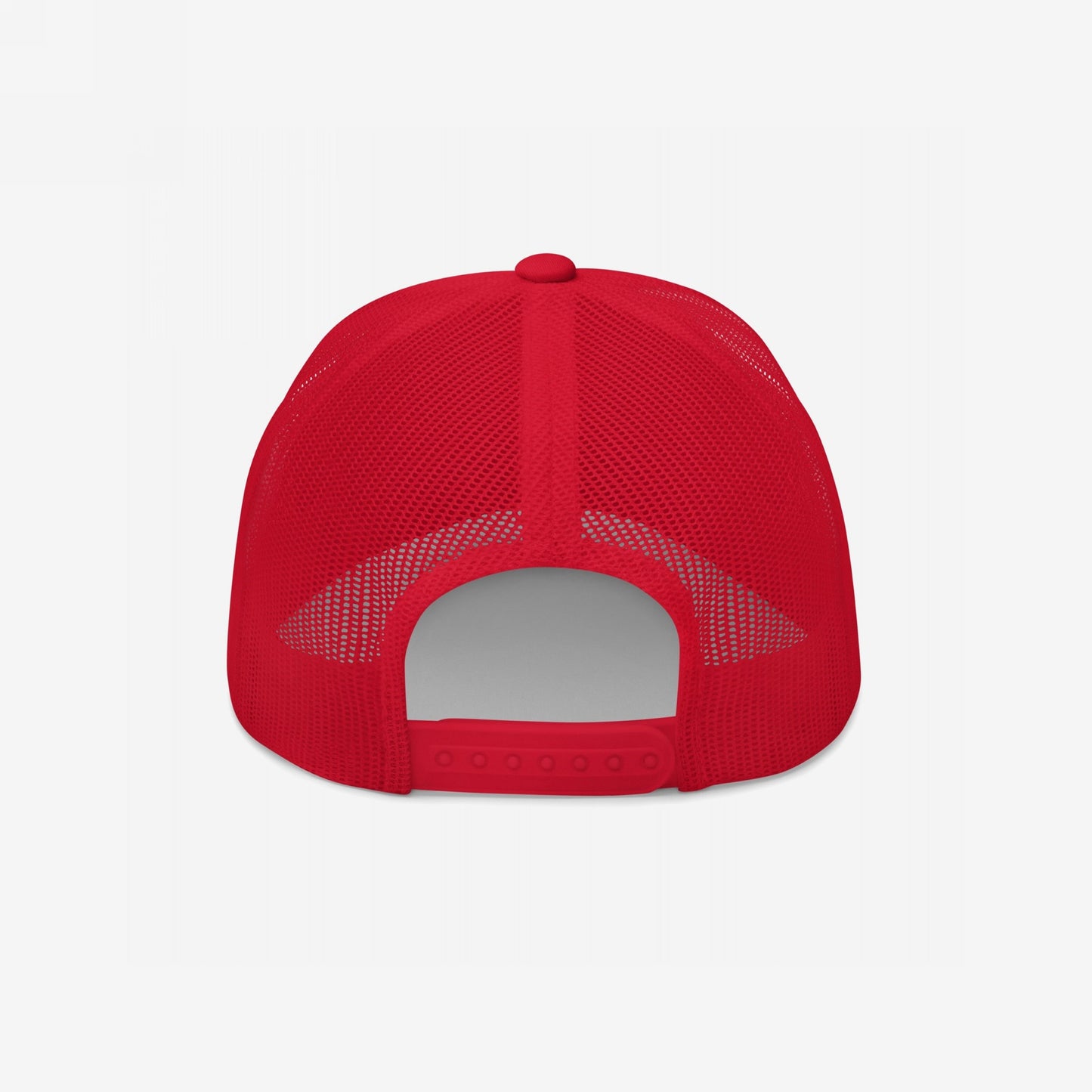 Back view of the No More Wars Hat, a bright red mesh trucker cap with snapback closure, embodies an anti-war message, perfect for protests and everyday wear, supporting Amnesty International.