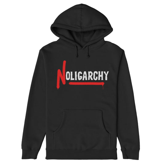 No Oligarchy Hoodie & Sweatshirt features a bold NOLIGARCHY graphic, with a striking red N and white letters, embodying protest spirit. Ideal for those championing equality and resisting elite dominance.