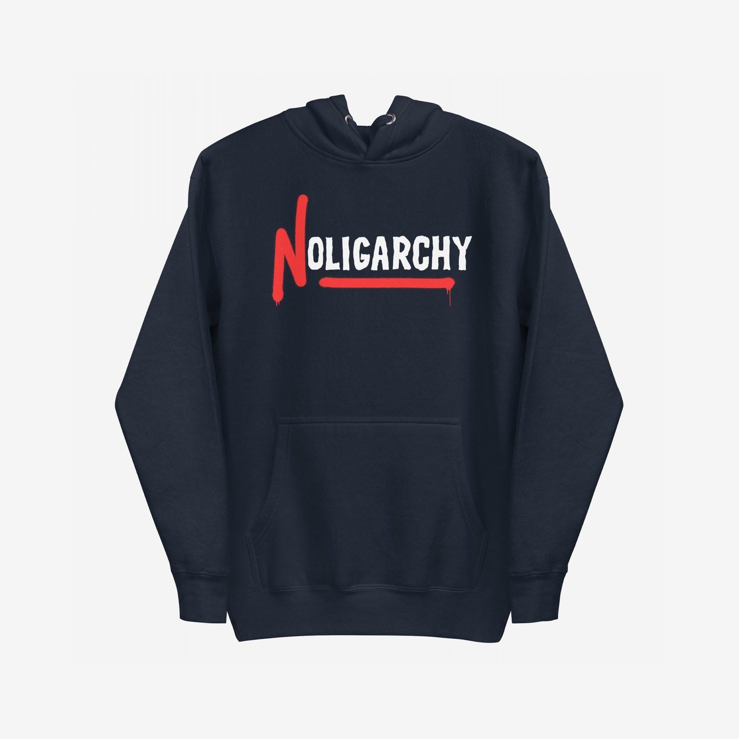 No Oligarchy Hoodie & Sweatshirt with bold NOLIGARCHY graphic, featuring a red, dripping N and underline, symbolizing protest against elite rule. Ideal for those advocating equality and challenging power.