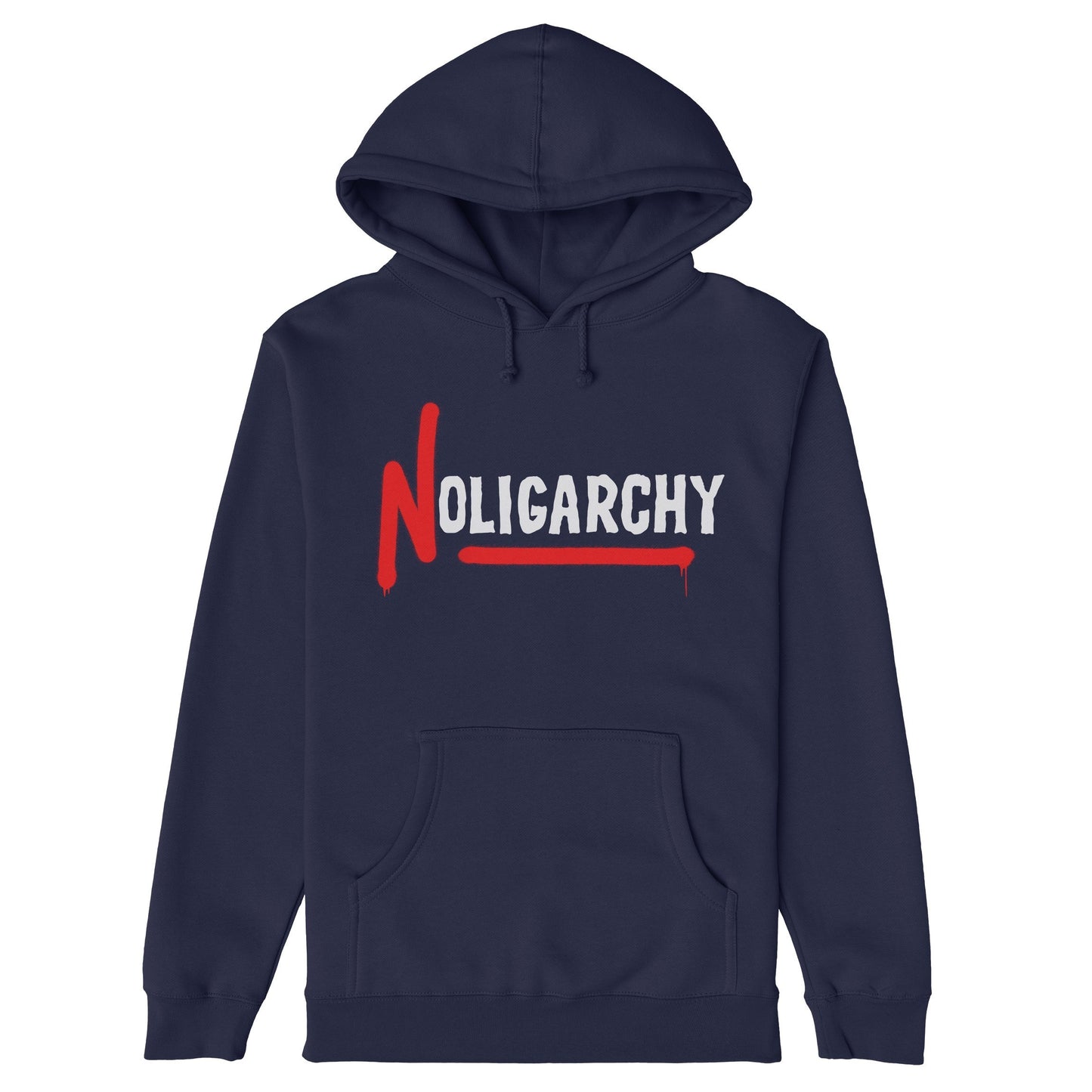 No Oligarchy Hoodie & Sweatshirt with bold NOLIGARCHY graphic, featuring a red, dripping N and underline, symbolizing protest against elite rule. Ideal for those advocating equality and challenging power.