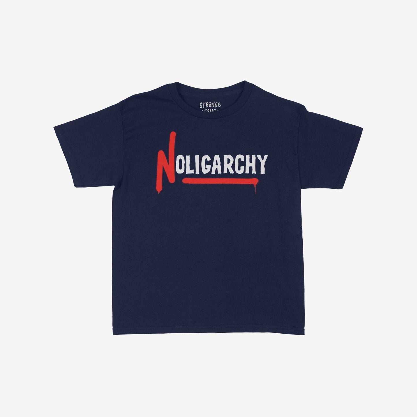 No Oligarchy T-shirt features a navy-blue base with NOLIGARCHY across the chest, highlighting a red dripping N and white letters, symbolizing defiance against economic inequality.