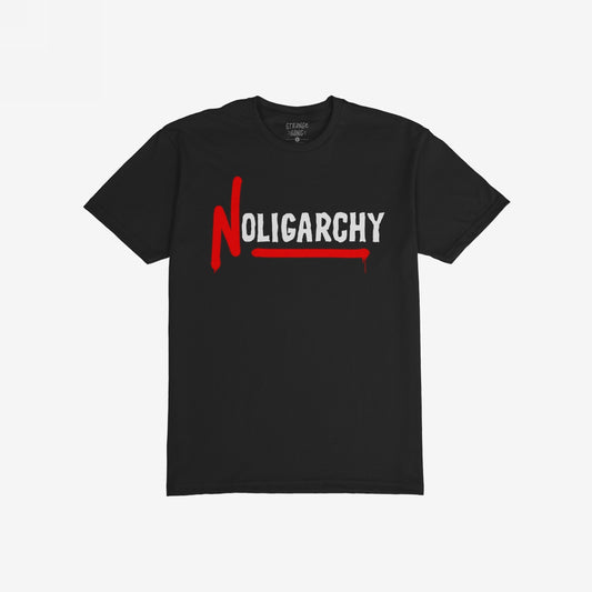 No Oligarchy T-shirt with bold “NOLIGARCHY” graphic; red “N” and underline with dripping-paint effect convey street-style defiance and anti-oligarchy message. Brand name visible inside collar.