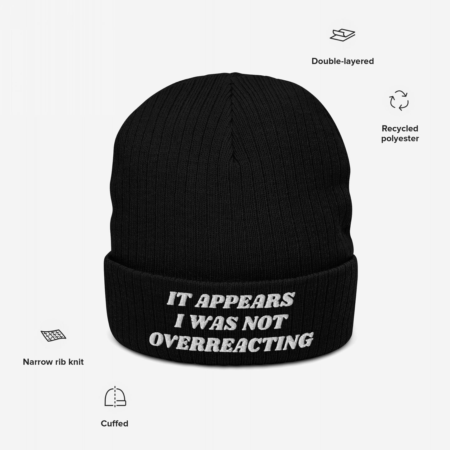 Black cuffed knit Overreacting Hat with white embroidered text, “IT APPEARS I WAS NOT OVERREACTING,” made from recycled polyester, featuring narrow-rib knit and double-layered design for warmth.