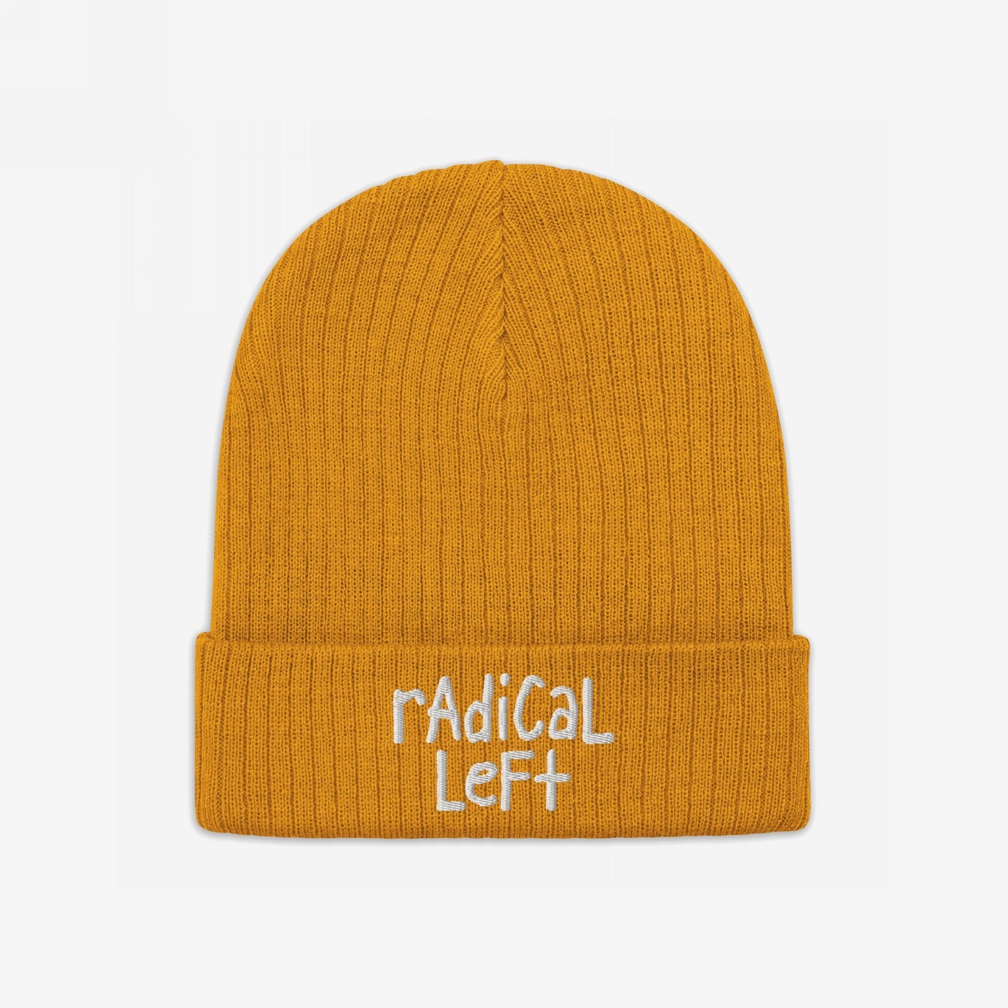 Mustard-yellow knit beanie with folded cuff, featuring “rAdiCaL LeFt.” in quirky white embroidery, embodying progressive ideals with a casual, hand-drawn style.
