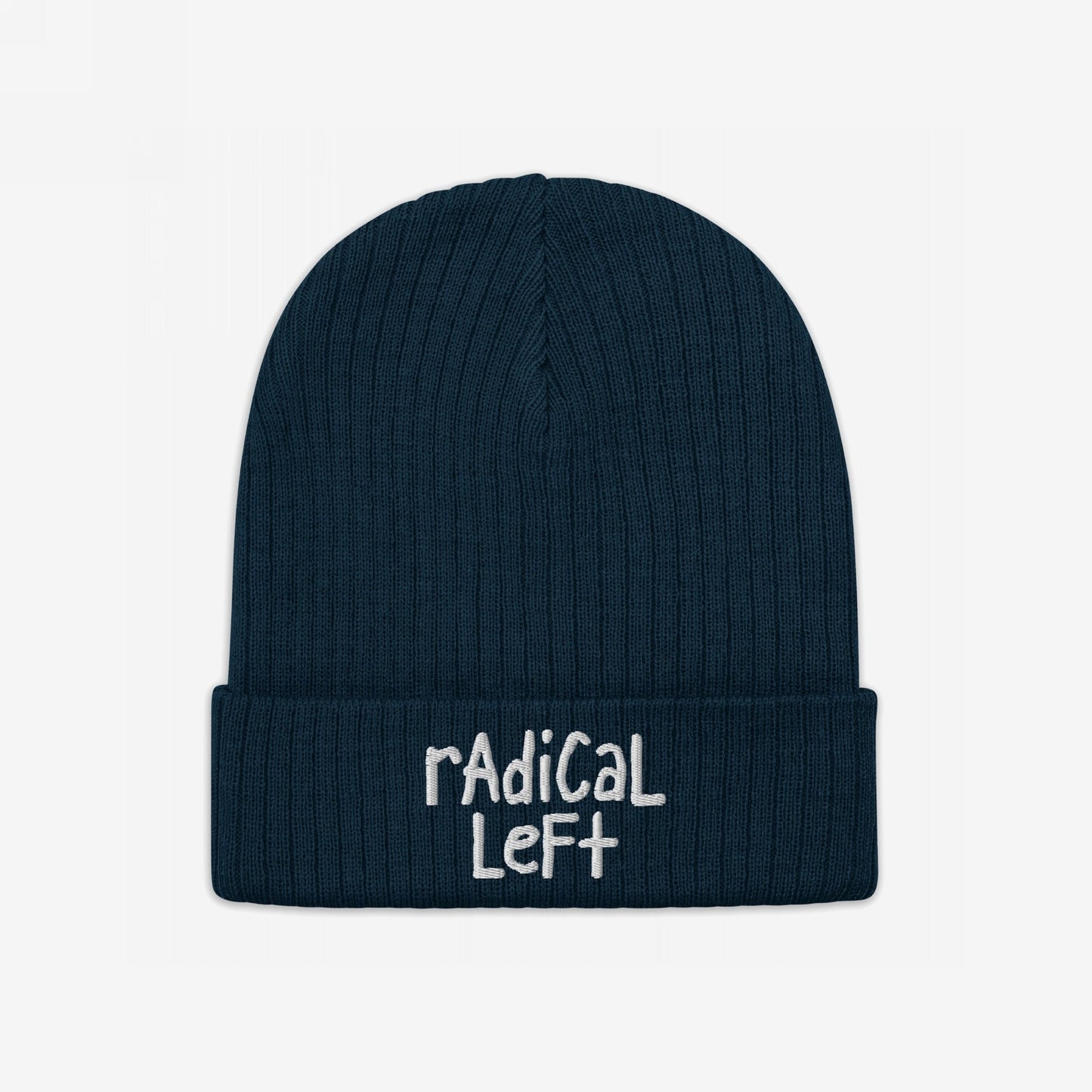 Dark-blue ribbed knit beanie with folded cuff, featuring “rAdicAl LeFt.” embroidered in white. The Radical Left Hat embodies progressive values and comfort, supporting equality and challenging fearmongering.