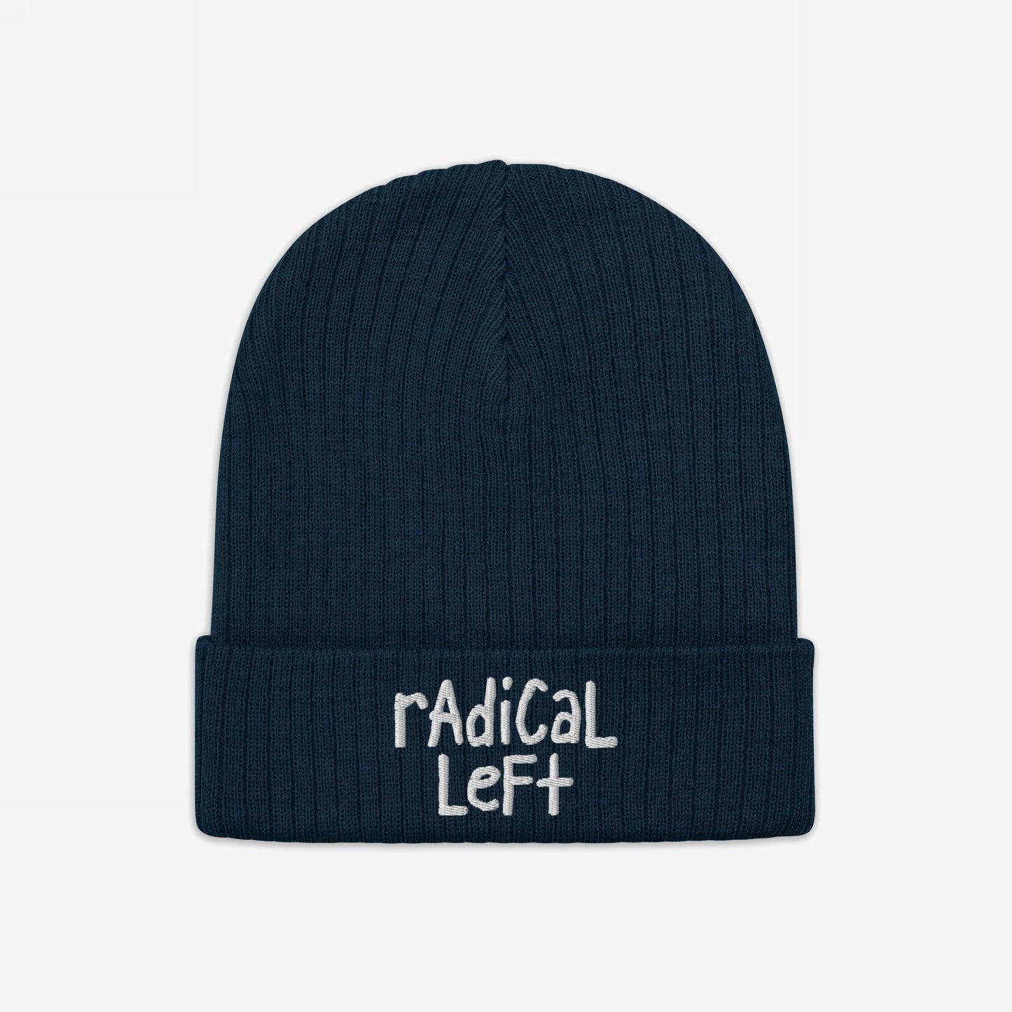 Dark navy-blue Radical Left Hat featuring hand-drawn-style white embroidery on the cuff, embodying progressive values and a bold message against fascism, perfect for those championing equality and human rights.