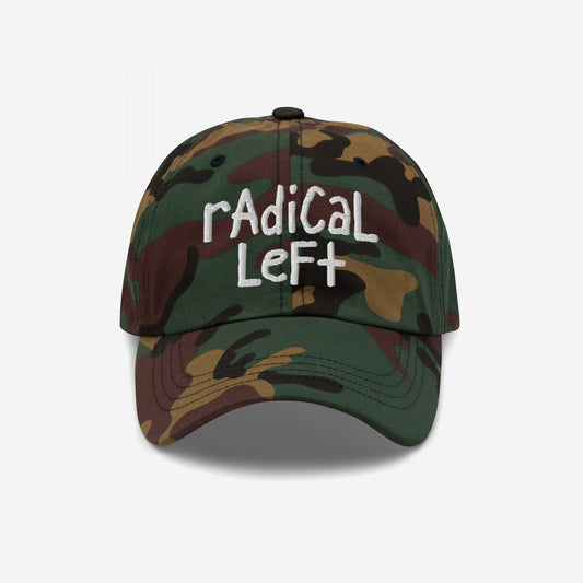 The Radical Left Hat features a camo pattern with Radical Left embroidered in white. This laid-back baseball cap conveys a progressive message, blending comfort with a bold statement.