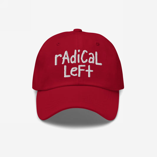 Red baseball-style cap with Radical Left embroidered in white, embodying progressive values. Ideal for those embracing justice and equality, merging style with a bold message.