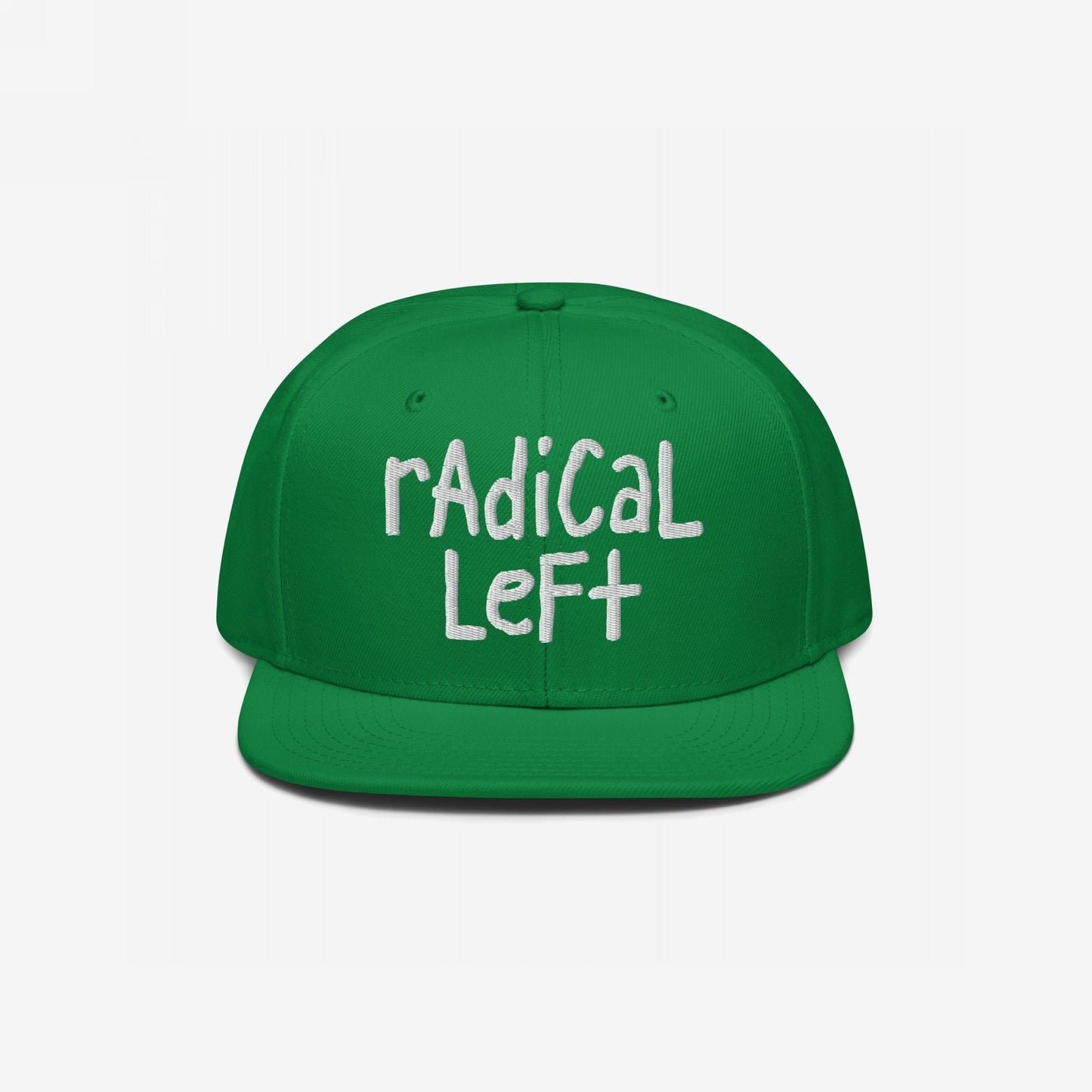 Radical Left Hat: Bright green snapback with 'radical left' embroidered in casual white lettering, embodying a progressive, defiant spirit. A bold accessory for those championing equality and challenging norms.