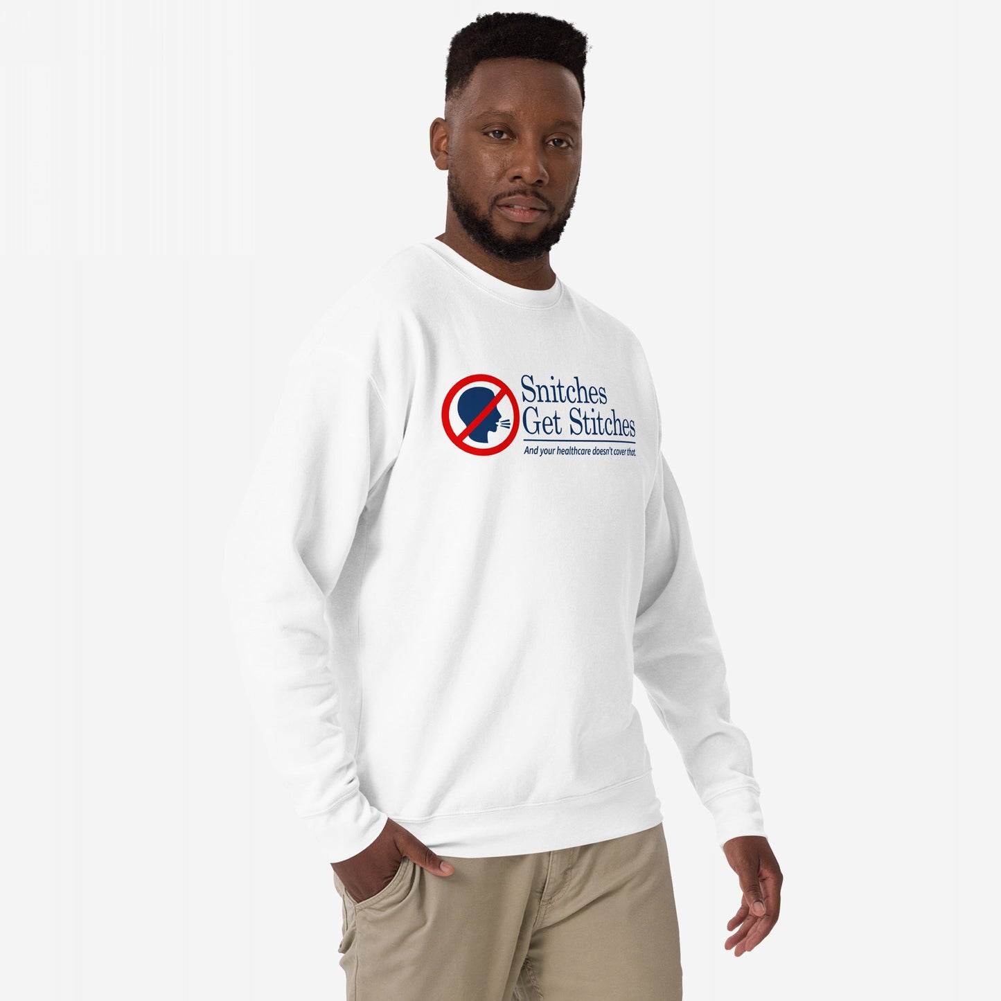 Person wearing Snitches Get Stitches Hoodie & Sweatshirt, featuring a bold graphic and dark humor text, standing confidently. Perfect for those who appreciate sarcasm and a statement on healthcare and loyalty.