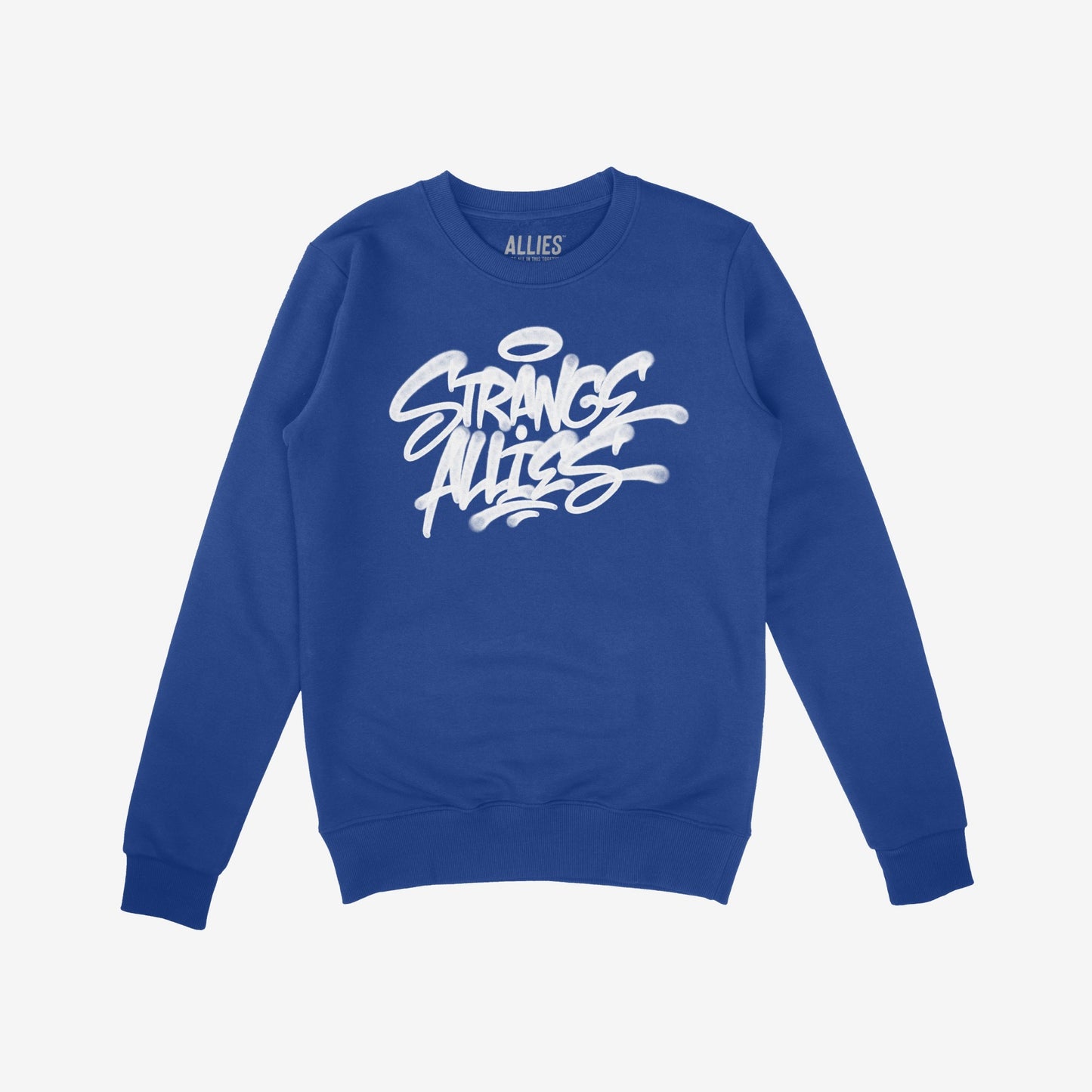 Cobalt-blue crewneck sweatshirt featuring the Strange Allies Handstyle Hoodie & Sweatshirt design, showcasing a white graffiti-style script Strange Allies on the front, symbolizing unity and rebellion.